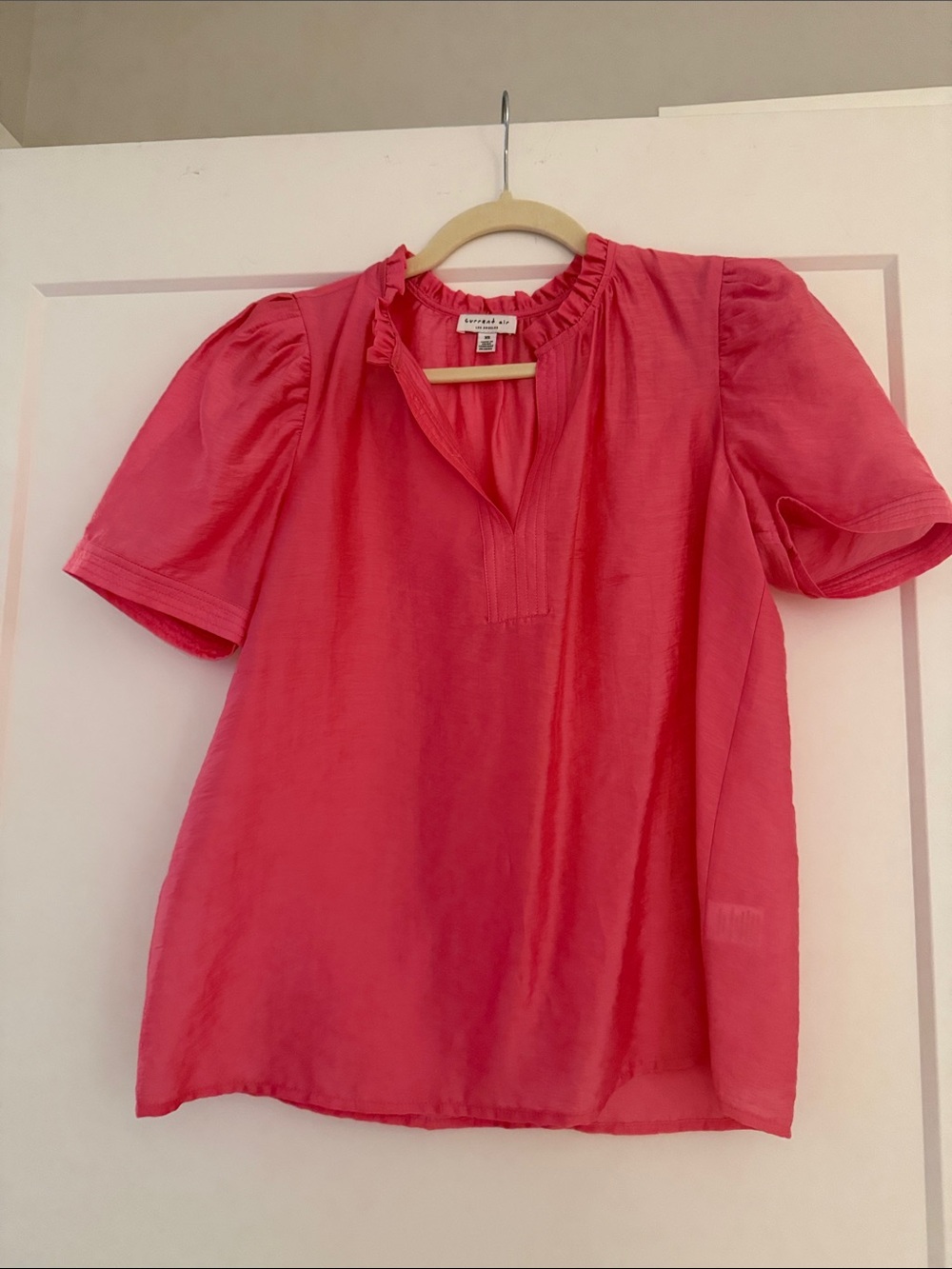 Current Air Bright Pink Ruffle-Neck Short Sleeve Blouse- worn once